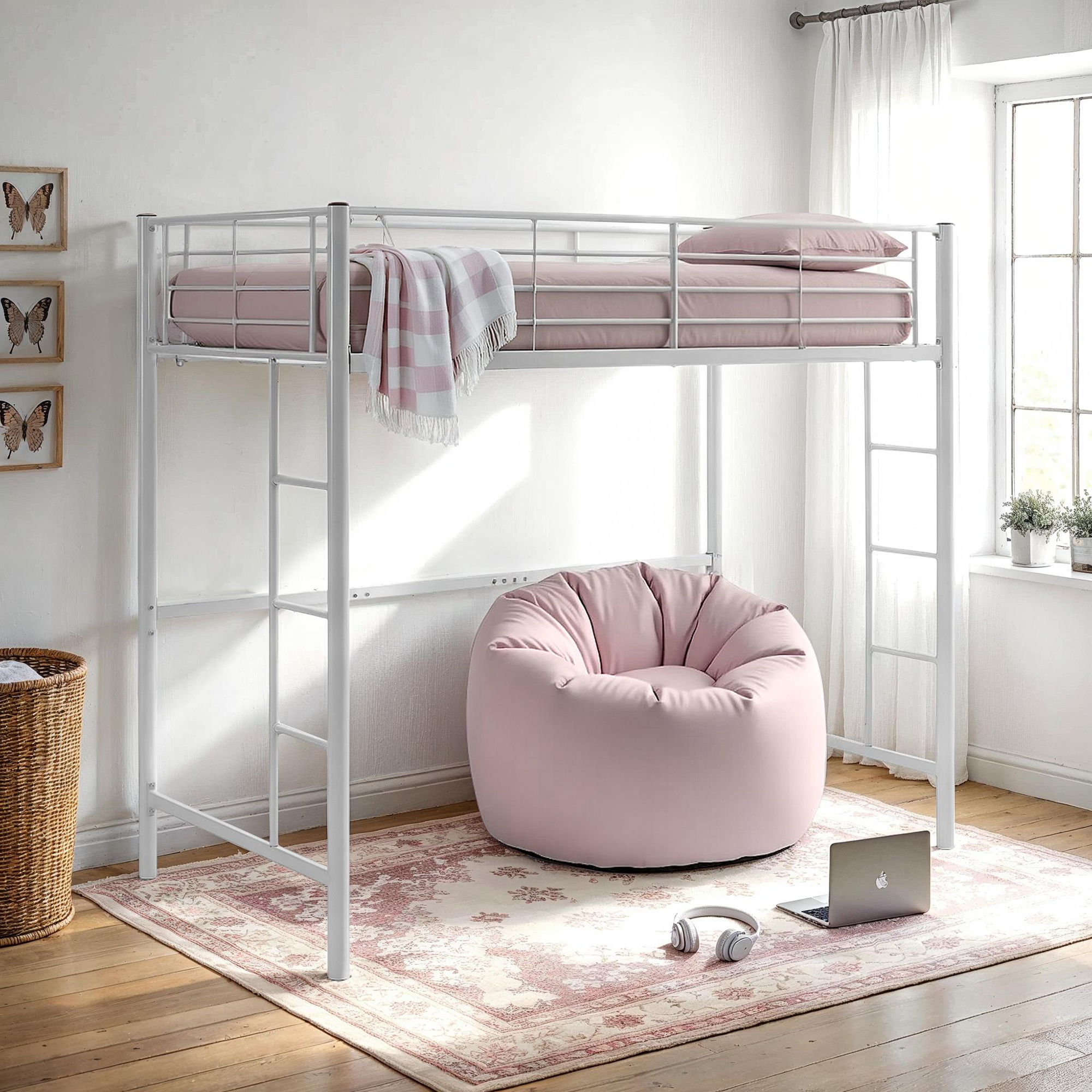 Walker Edison Premium Traditional Twin Metal Loft Bed, White